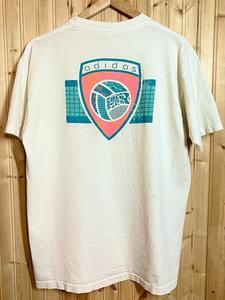 VTG 80s Adidas Volleyball Neon Graphic T Shirt White Distress Paint Stained sz L